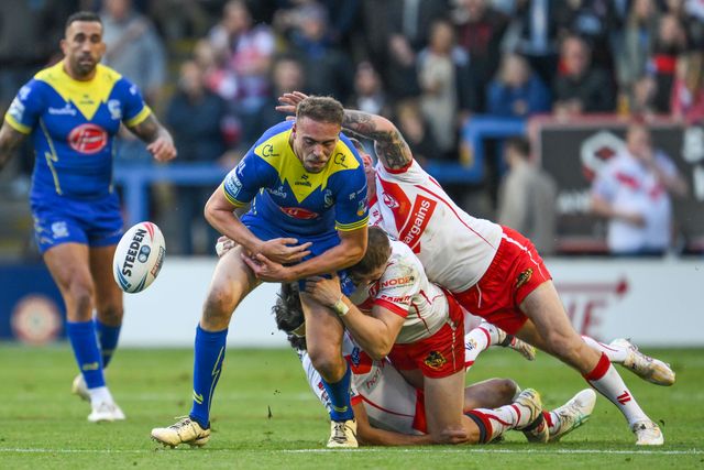 James Harrison of Warrington Wolves spills thew ball in the gang tackle during the Betfred Super League play-off Eliminator 2 Warrington Wolves v St Helens at Halliwell Jones Stadium, Warrington, United Kingdom, 28th September 2024

(Photo by Craig Thomas/News Images)