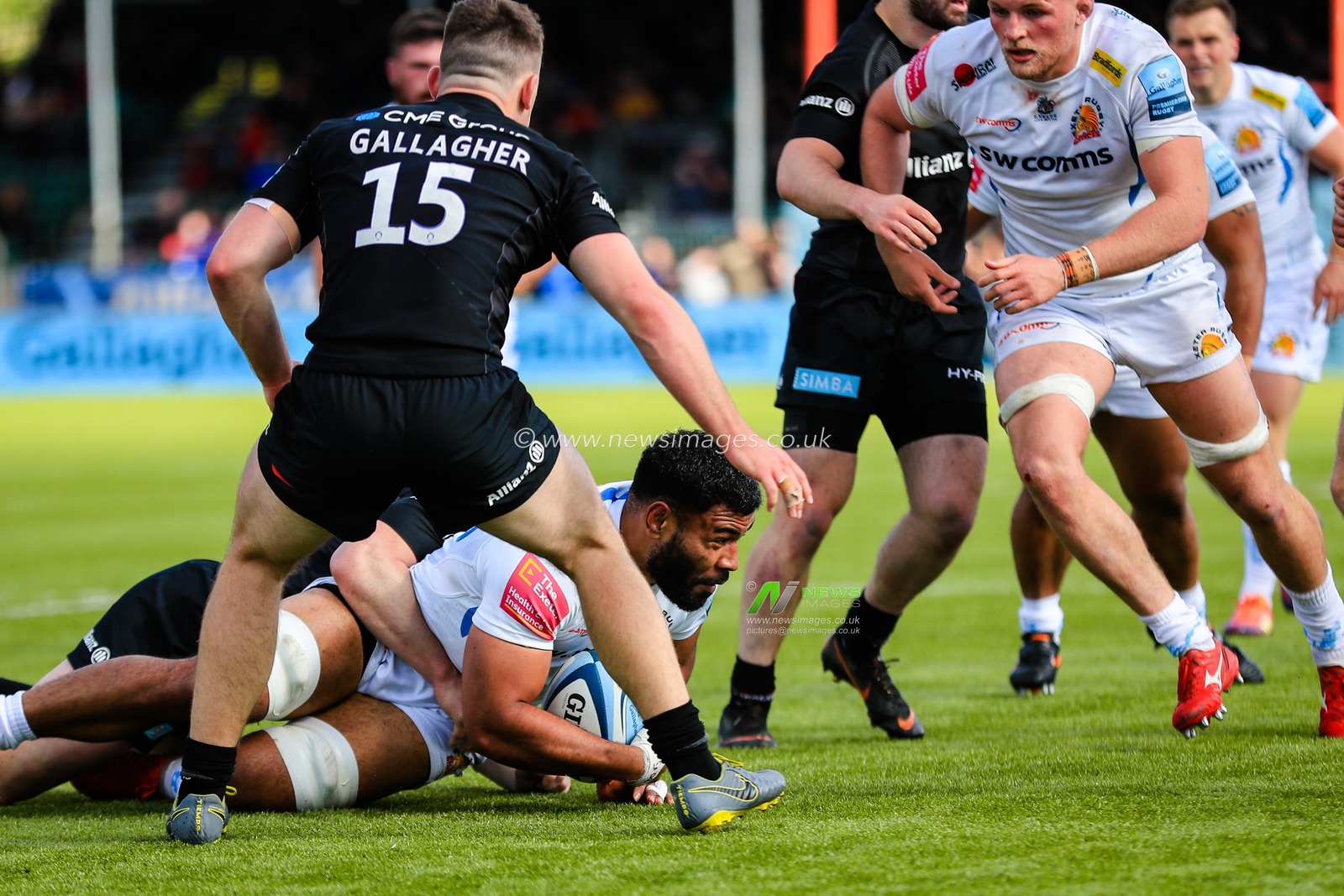 4th May 2019 , Allianz Park , London, England; Gallagher Premiership, Saracens vs Exeter Chiefs ; Onehunga Kaufusi (20) of Exeter receives a tackle

Credit: Georgie Kerr/News Images