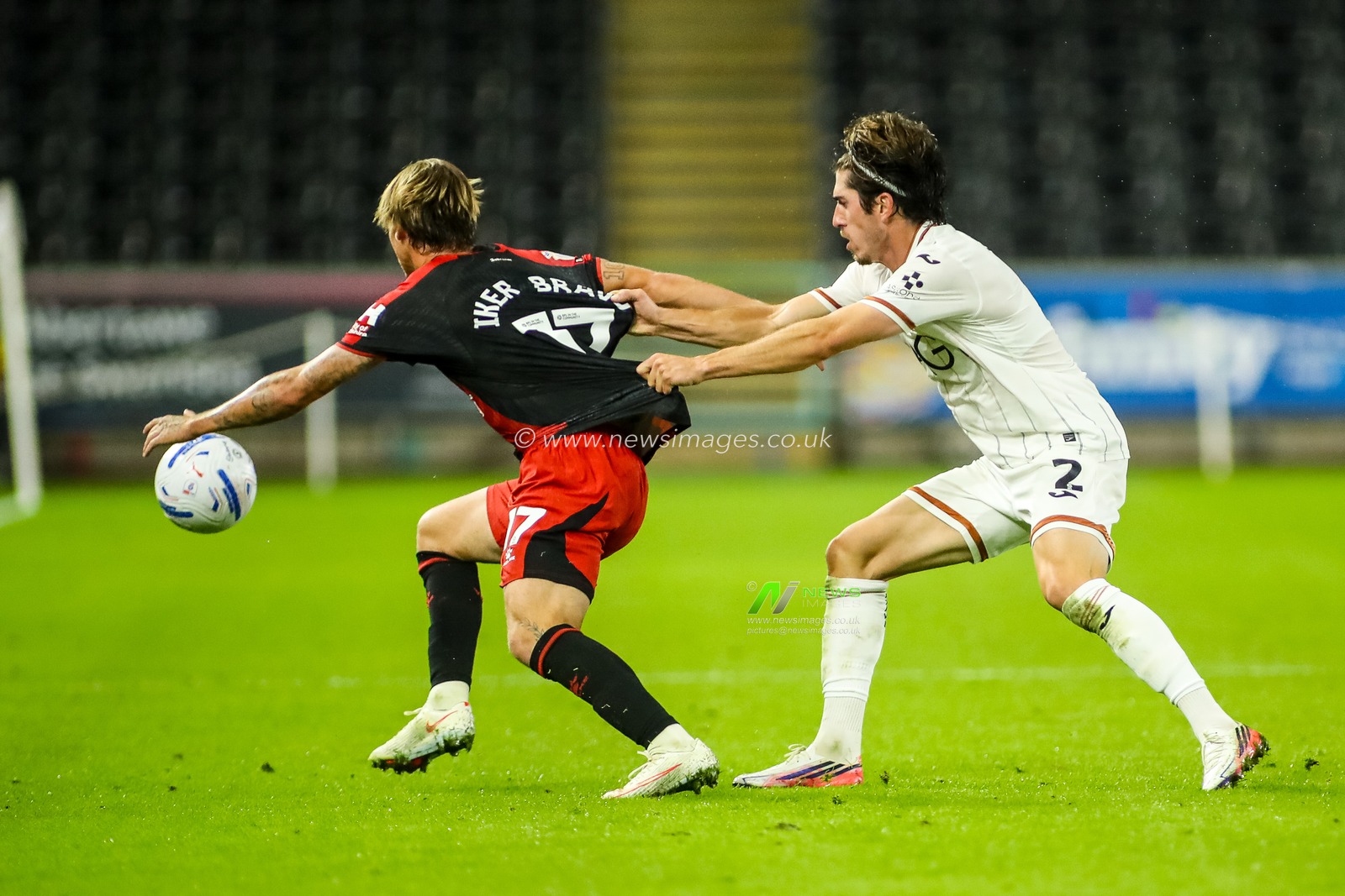 Iker Bravo of Watford under pressure from Josh Key of Swansea City during the Sky Bet Championship match Swansea City vs Watford at Swansea.com Stadium, Swansea, United Kingdom on 01 September 2026

(Photo by Andrew Lewis/News Images)