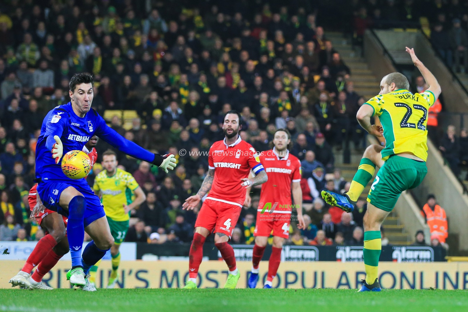 26th December 2018, Carrow Road, Norfolk, England; Sky Bet Championship, Norwich City vs Nottingham Forest ;  Teemu Pukki (22) of Norwich City tries to find a way passed Costel Pantilimon (01) of Nottingham Forest

Credit: Georgie Kerr/News Images

English Football League images are subject to DataCo Licence