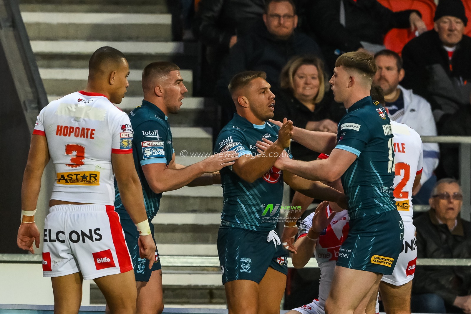 Matty Russell #34 of Warrington Wolvescelebrates his try during the Betfred Super League match St Helens vs Warrington Wolves at Totally Wicked Stadium, St Helens, United Kingdom, 20th April 2023

(Photo by Craig Thomas/News Images)