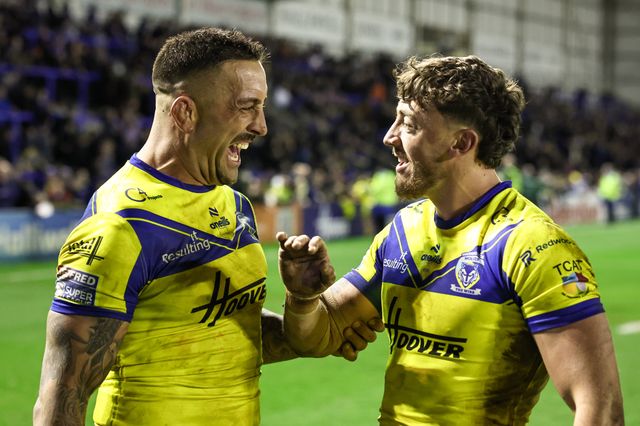 Paul Vaughan of Warrington Wolves and Matty Ashton of Warrington Wolves embrace each other as they celebrate the win during the Betfred Super League Round 2 match Warrington Wolves vs Catalans Dragons at Luke Littler Stadium, Warrington, United Kingdom, 21st February 2025

(Photo by Mark Cosgrove/News Images)