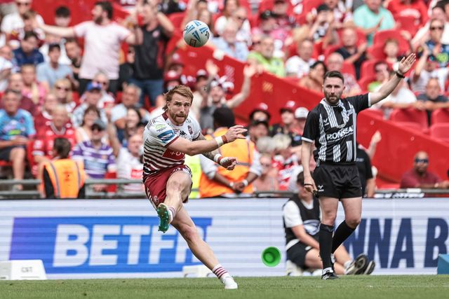 Adam Keighran of Wigan Warriors coverts his own try during the Betfred Challenge Cup Final match Wigan Warriors vs Hull KR at Wembley Stadium, London, United Kingdom on 30 May 2026

(Photo by Mark Cosgrove/News Images)