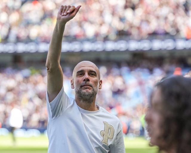 Pep Guardiola manager of Manchester City weaves to the fans as he walks out to a standing ovation during the Premier League match Manchester City vs Aston Villa at Etihad Stadium, Manchester, United Kingdom on 24 May 2026

(Photo by Mark Cosgrove/News Images)