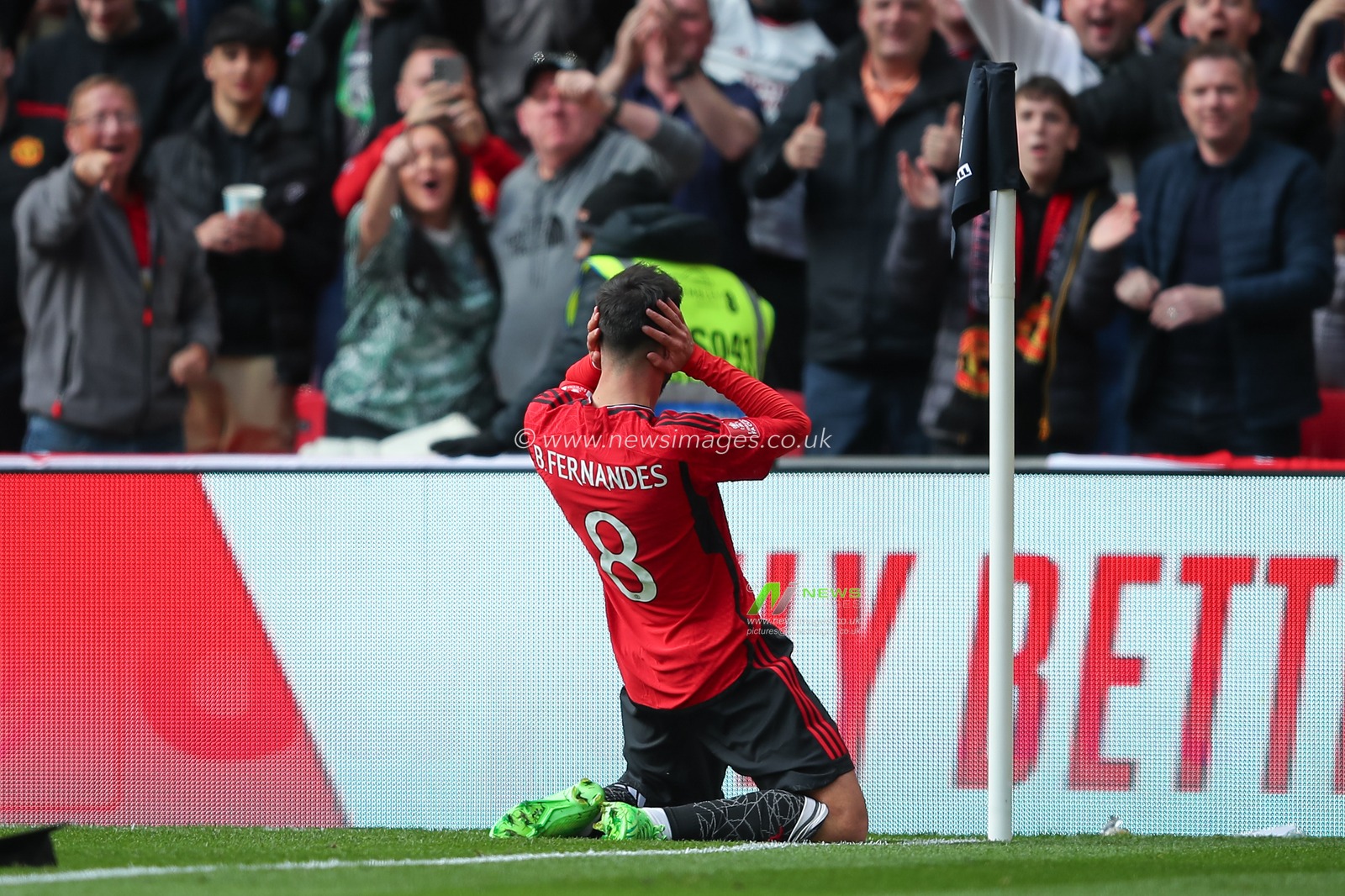 Bruno Fernandes of Manchester United celebrates his goal to make it 0-3 Manchester United, during the Emirates FA Cup Semi-Final match Coventry City vs Manchester United at Wembley Stadium, London, United Kingdom, 21st April 2024

(Photo by Gareth Evans/News Images)