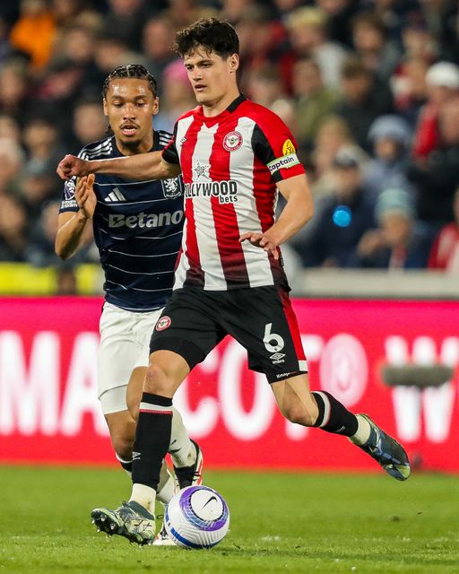 Christian Norgaard of Brentford is put under pressure by Boubacar Kamara of Aston Villa during the Premier League match Brentford vs Aston Villa at The Gtech Community Stadium, London, United Kingdom, 8th March 2025

(Photo by Izzy Poles/News Images)