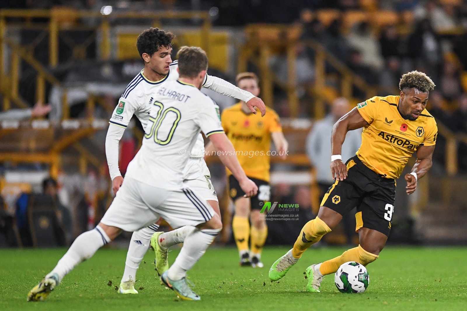 Adama TraorÃ© #37 of Wolverhampton Wanderers in action during the game during the Carabao Cup match Wolverhampton Wanderers vs Leeds United at Molineux, Wolverhampton, United Kingdom, 9th November 2022

(Photo by Mike Jones/News Images)