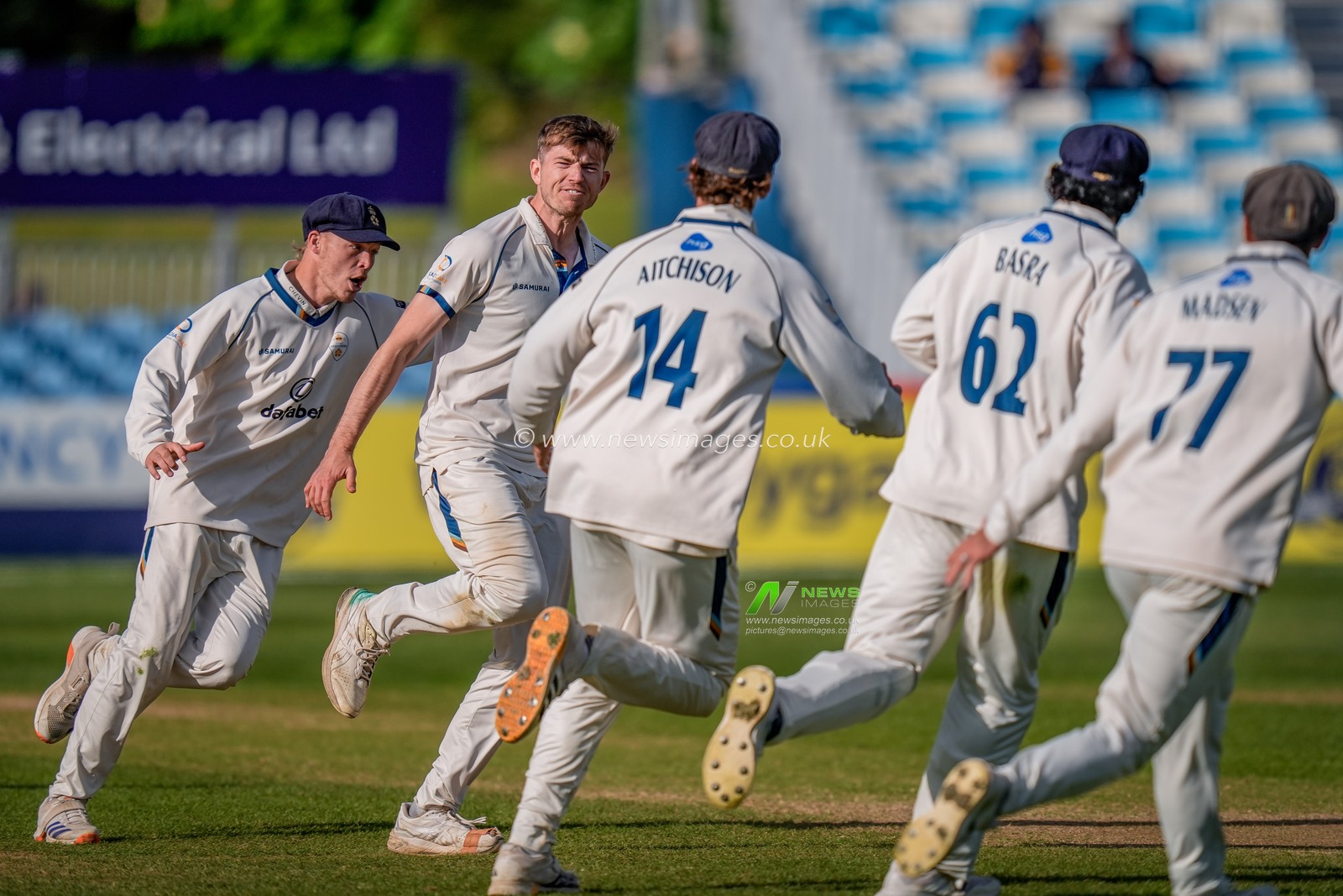 Martin Andersson of Derbyshire celebrates taking the final wicket of George Scrimshaw of Northamptonshire given out LBW to hand Derbyshire the victory during the County Championship Division Two Derbyshire vs Northamptonshire day four match at The Central Co-Op County Ground, Derby, United Kingdom on 11 May 2026

(Photo by Maynard Manyowa/News Images)