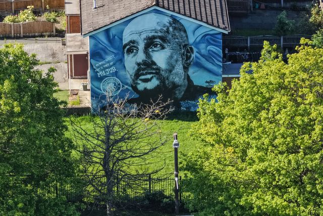 A Pep Guardiola mural on a fans house just over the road from the Etihad Stadium during the Premier League match Manchester City vs Aston Villa at Etihad Stadium, Manchester, United Kingdom on 24 May 2026

(Photo by Mark Cosgrove/News Images)