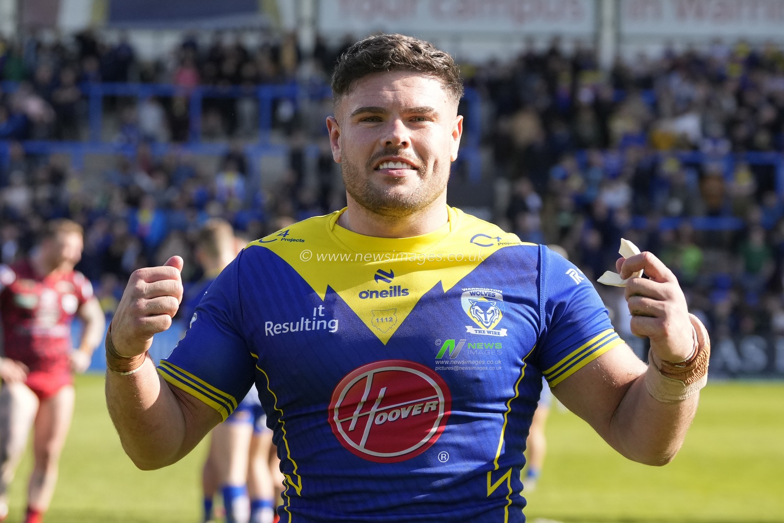 Joe Philbin of Warrington Wolves celebrates his sides 16-14 victory after the Betfred Super League Round 8 match Warrington Wolves vs Leigh Leopards at Halliwell Jones Stadium, Warrington, United Kingdom, 20th April 2024

(Photo by Steve Flynn/News Images)