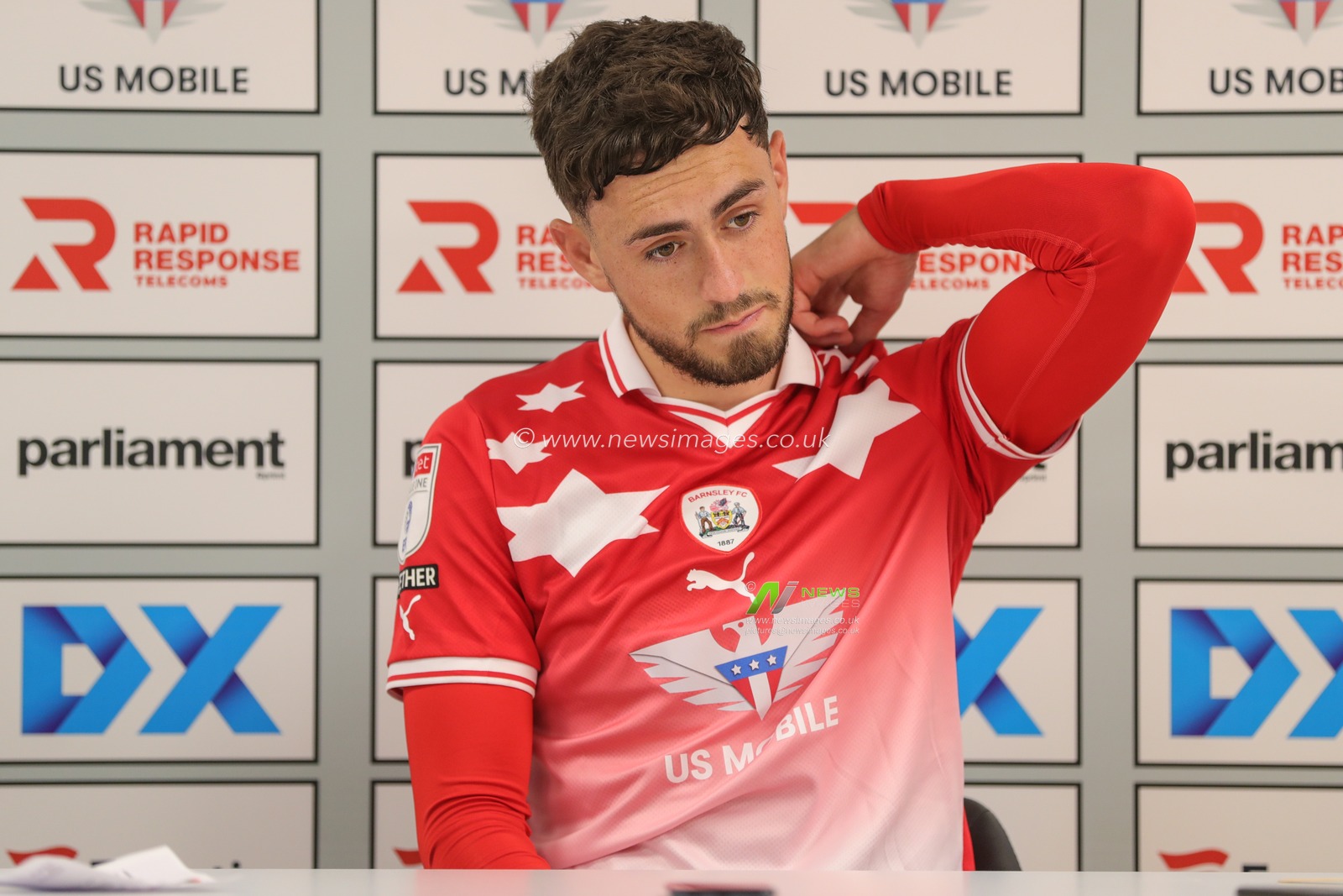 Corey O'Keeffe #22 of Barnsley speaks at the post match press conference during the Sky Bet League 1 match Barnsley vs Portsmouth at Oakwell, Barnsley, United Kingdom, 19th September 2023

(Photo by Alfie Cosgrove/News Images)