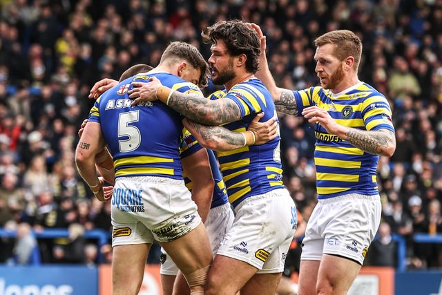 Matty Ashton of Warrington Wolves celebrates his try during the Betfred Super League round 7 match Warrington Wolves vs Leigh Leopards at The Halliwell Jones Stadium, Warrington, United Kingdom on 04 April 2026

(Photo by Alfie Cosgrove/News Images)