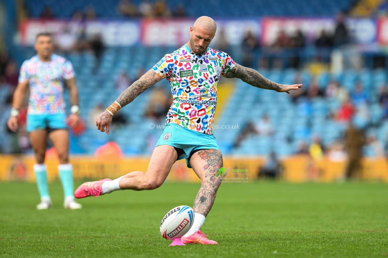 Zak Hardaker of Leigh Leopards kicks a penalty during the Magic Weekend match Leigh Leopards vs Salford Red Devils at Elland Road, Leeds, United Kingdom, 18th August 2024

(Photo by Craig Thomas/News Images)