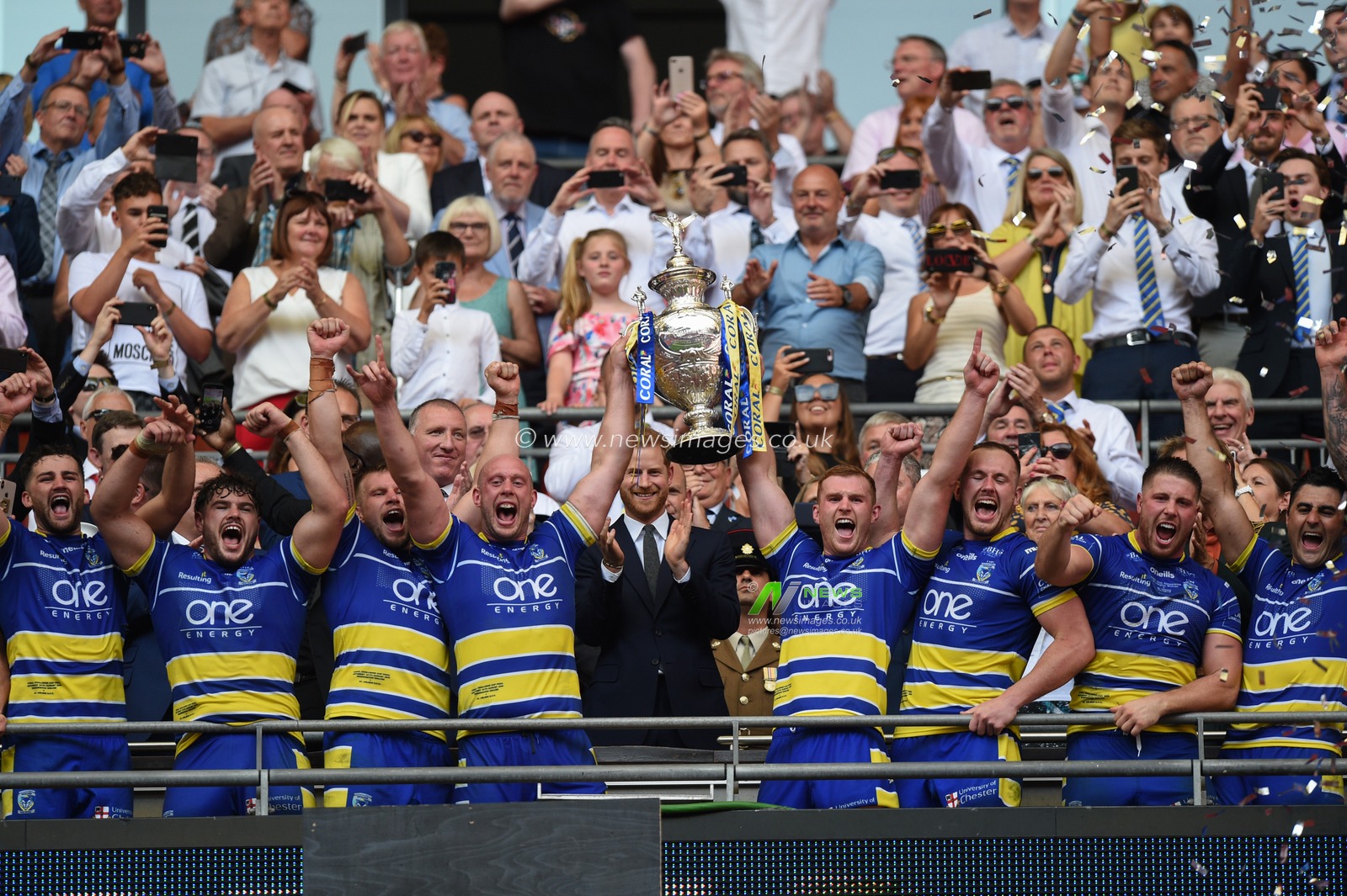 24th August 2019 , Wembley Stadium, London England ; 2019 Coral Challenge Cup Final ; St Helens vs Warrington Wolves ; Chris Hill of Warrington Wolves (L) and Jack Hughes of Warrington Wolves (R) lift the trophy



Credit: Richard Long/News Images