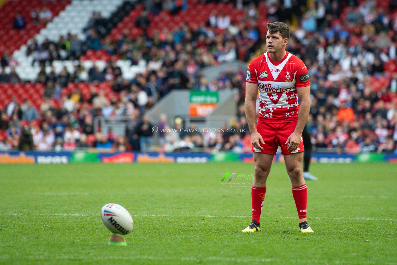 26th May 2019 , Anfield Stadium, Liverpool, England; Dacia Magic Weekend, Betfred Super League Round 16, St Helens vs Castleford Tigers ; Lachlan Coote (23) of St Helens prepares to kick at goal

Credit: Craig Thomas/News Images