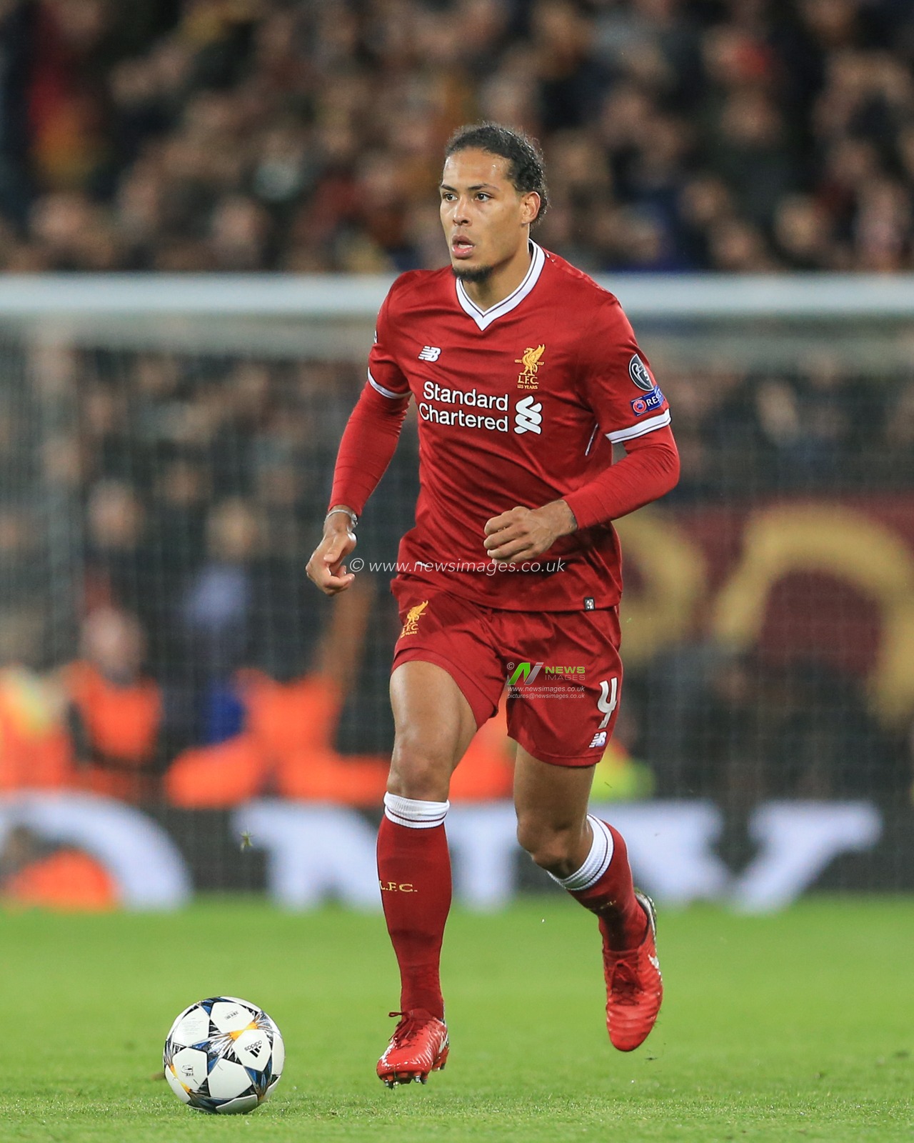 24th April 2018 , Anfield, Liverpool, England; UAFA Champions League Semi Final, first leg, Liverpool v Roma ; Virgil van Dijk of Liverpool with the ball