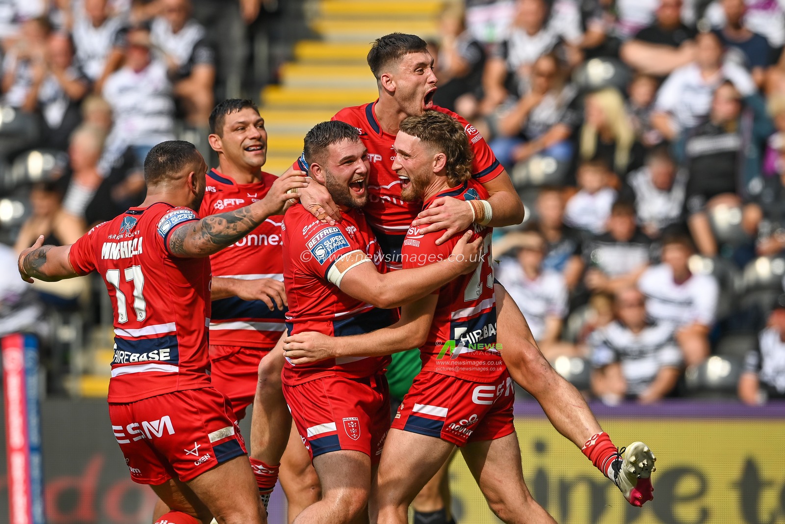 Ethan Ryan #23 of Hull KR celebrates his try during the Betfred Super League match Hull FC vs Hull KR at MKM Stadium, Hull, United Kingdom, 3rd September 2022

(Photo by Craig Thomas/News Images)