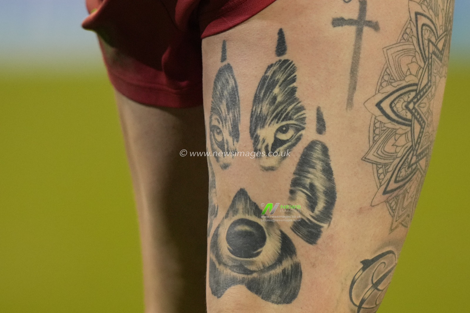 A tattoo on the leg of Josh Charnley #5 of Leigh Leopards during the Betfred Super League Round 10 match Leigh Leopards vs Leeds Rhinos at Leigh Sports Village, Leigh, United Kingdom, 21st April 2023

(Photo by Steve Flynn/News Images)