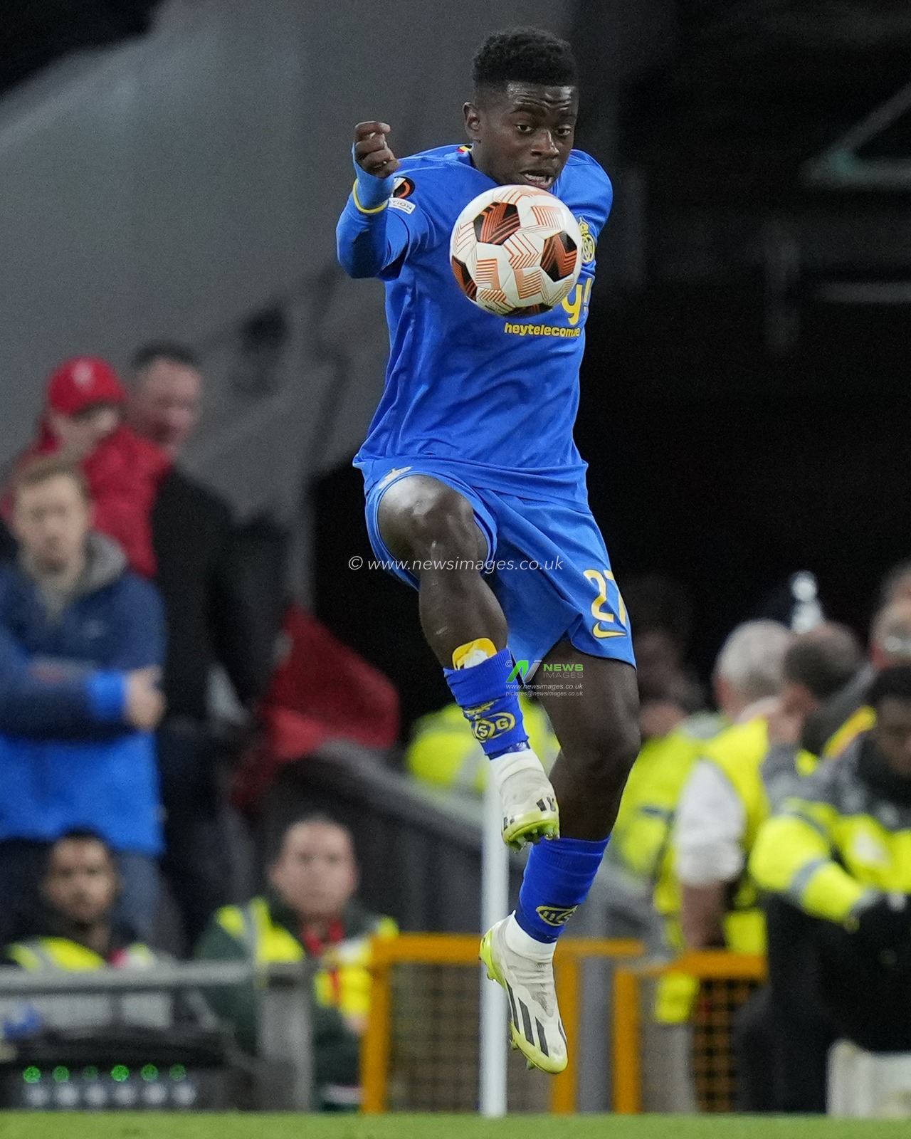 Noah Sadiki #27 of Union Saint-Gilloise controls the ball during the UEFA Europa League match Liverpool vs Union Saint-Gilloise at Anfield, Liverpool, United Kingdom, 5th October 2023

(Photo by Steve Flynn/News Images)