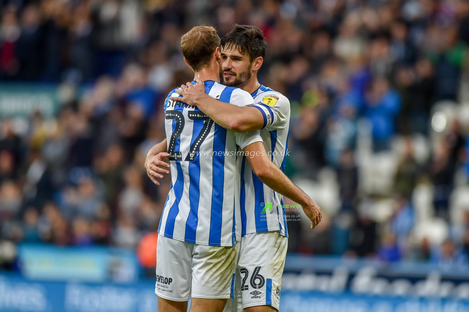 5th October 2019, John Smith's Stadium, Huddersfield, England; Sky Bet Championship, Huddersfield Town v Hull City :Jon Gorenc Stankovic (27) and Christopher Schindler (26) of Huddersfield Town  
Credit: Dean Williams/News Images