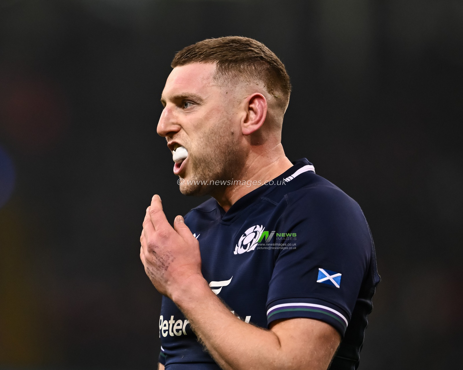 Finn Russell of Scotland puts his gum shield in during the 2024 Guinness 6 Nations match Wales vs Scotland at Principality Stadium, Cardiff, United Kingdom, 3rd February 2024

(Photo by Craig Thomas/News Images)