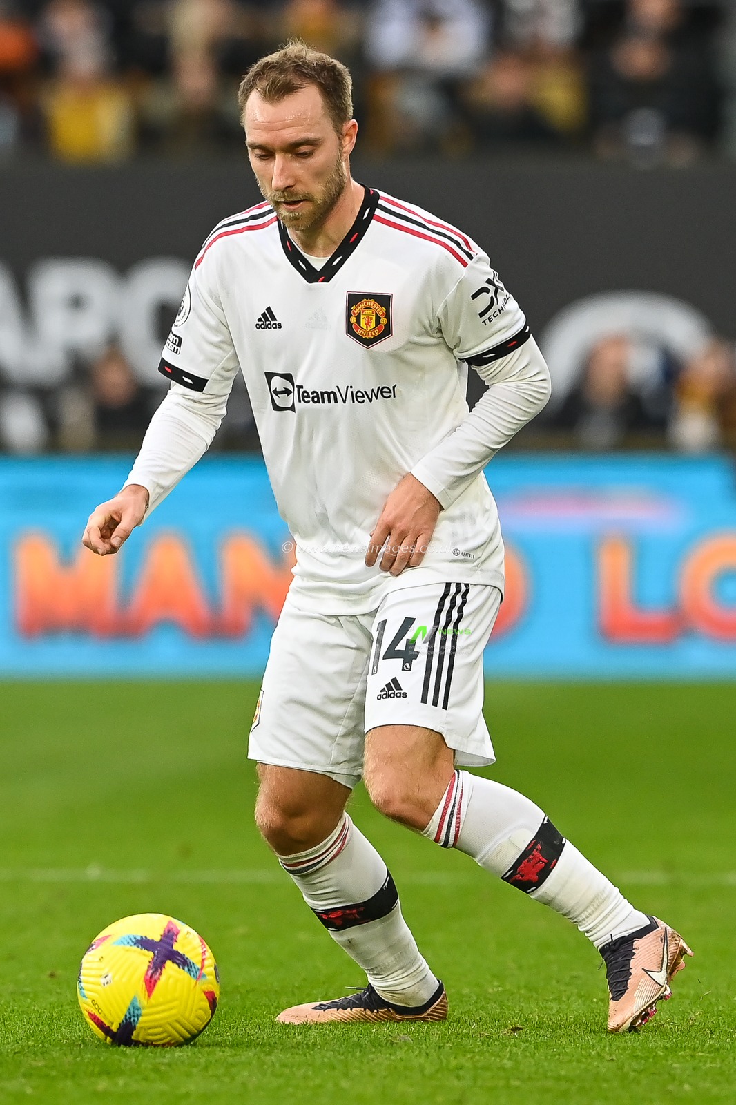 Christian Eriksen #14 of Manchester United in action during the Premier League match Wolverhampton Wanderers vs Manchester United at Molineux, Wolverhampton, United Kingdom, 31st December 2022

(Photo by Craig Thomas/News Images)