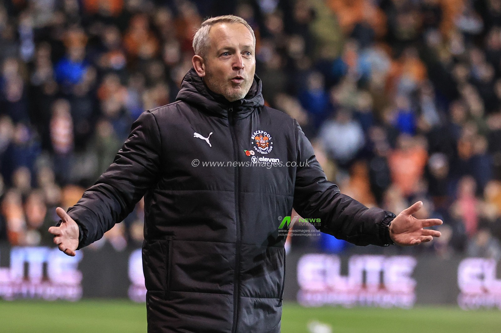Neil Critchley Head Coach of Blackpool reacts during the game