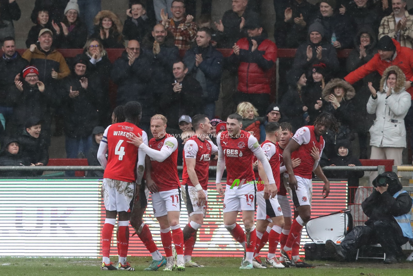 Bosun Lawal of Fleetwood Town celebrates his goal to make it 1-1 during the Sky Bet League 1 match Fleetwood Town vs Barnsley at Highbury Stadium, Fleetwood, United Kingdom, 17th February 2024

(Photo by Alfie Cosgrove/News Images)