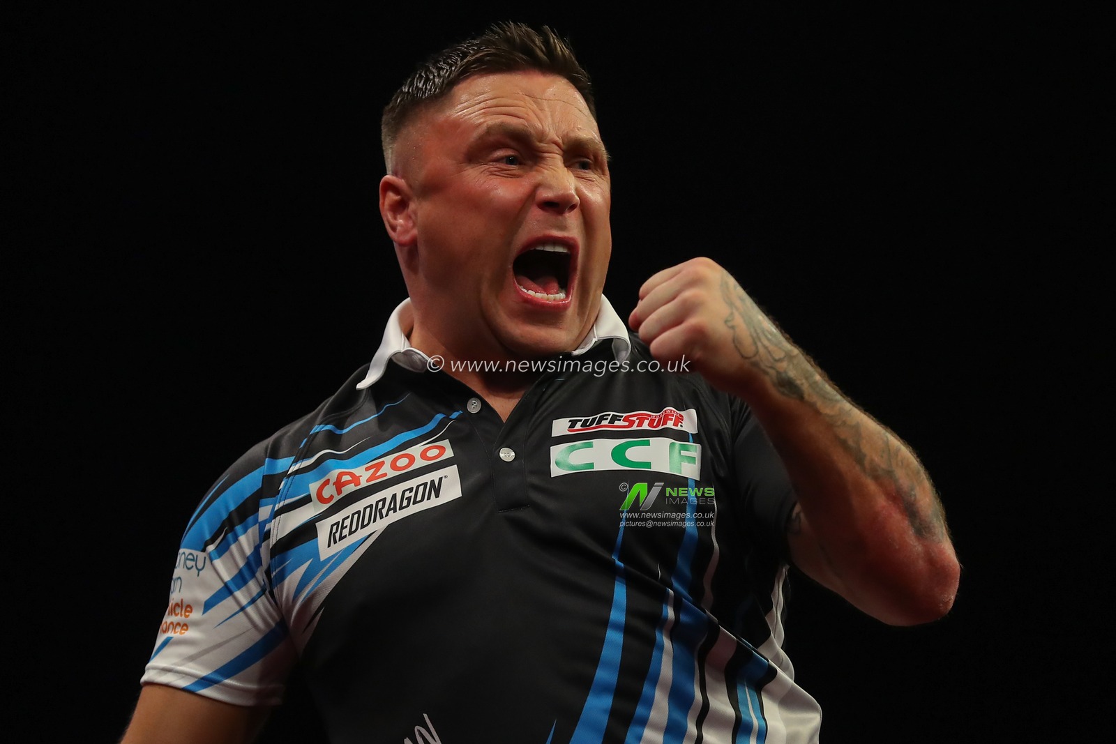 Gerwyn Price celebrates winning a leg during the 2023 Cazoo PDC Premier League Darts Night 10 at Utilita Arena Birmingham, Birmingham, United Kingdom, 6th April 2023

(Photo by Gareth Evans/News Images)