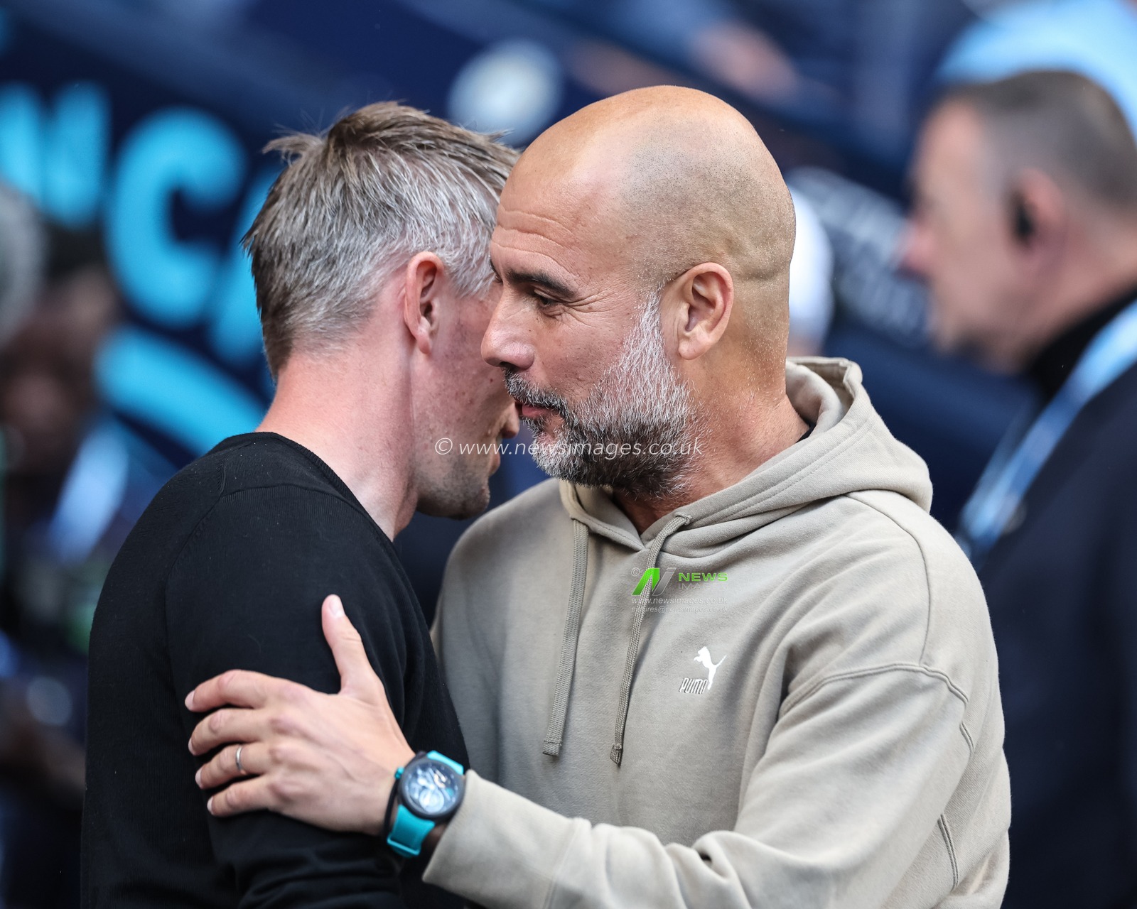 Pep Guardiola manager of Manchester City greats Kieran McKenna manager of Ipswich Town during the Premier League match Manchester City vs Ipswich Town at Etihad Stadium, Manchester, United Kingdom, 24th August 2024

(Photo by Mark Cosgrove/News Images)