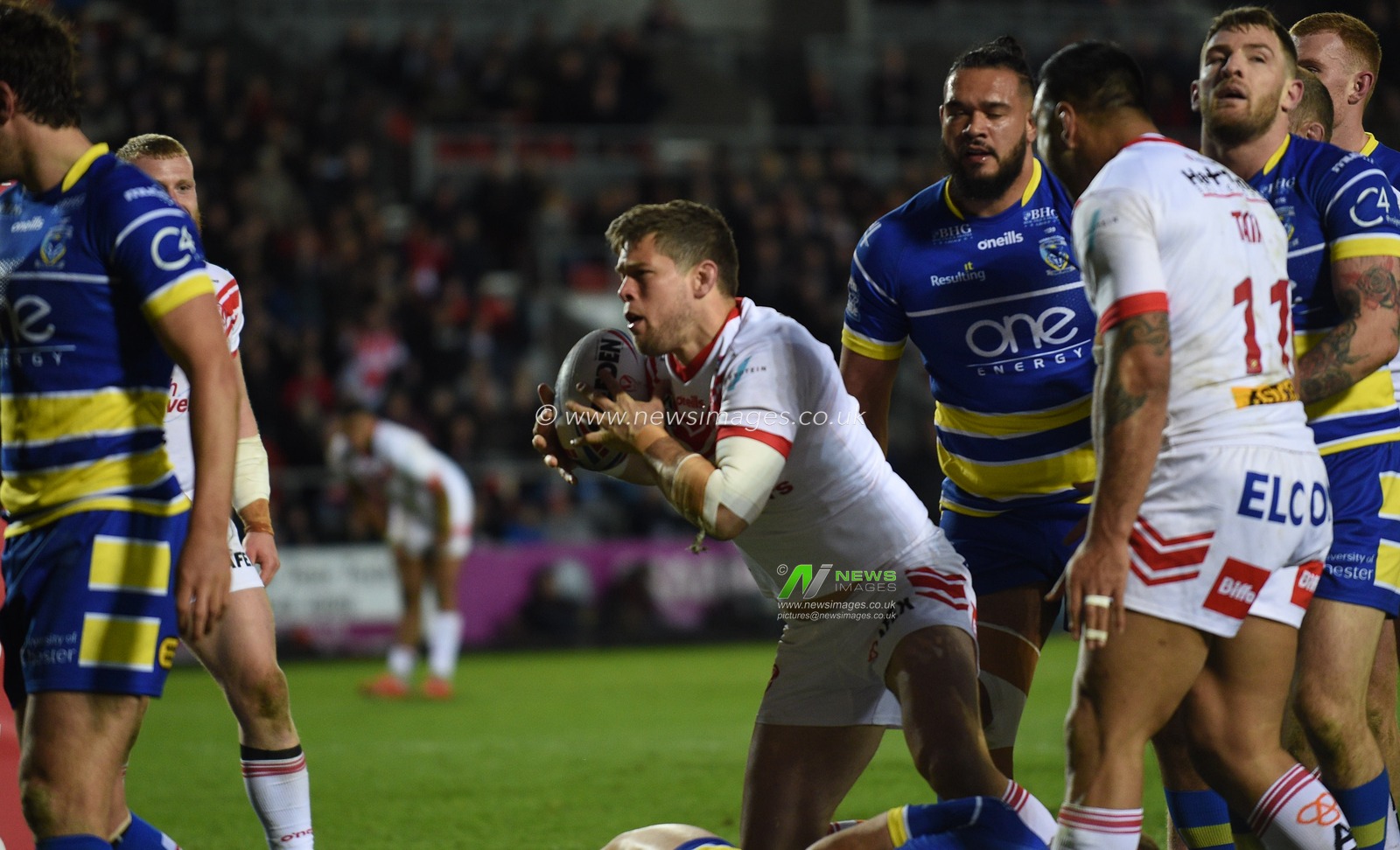 12th April 2019 , Totally Wicked Stadium, St Helens, England;  Betfred Super League, Round 10, St Helens vs Warrington Wolves Louie McCarthy-Scarsbrook of St Helens celebrates his try

Credit: Richard Long/News Images