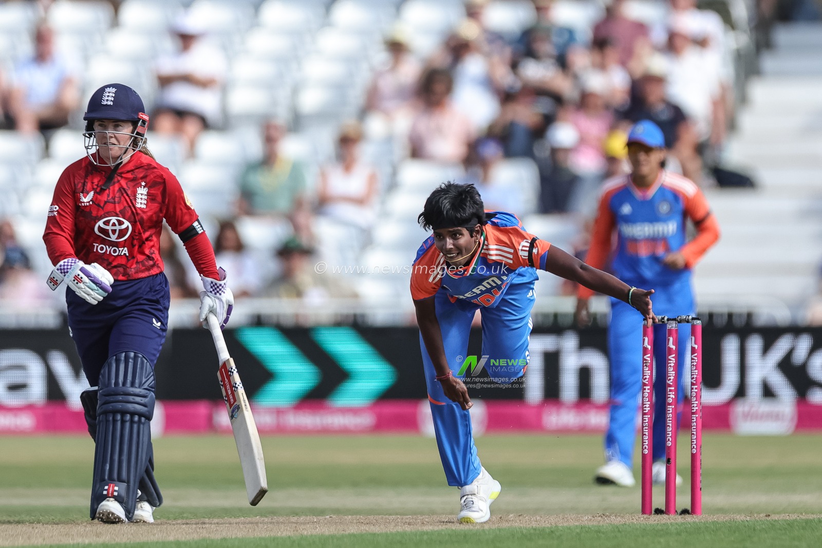 Arundhati Reddy of India delivers the ball during the 1st Vitality IT20 England Women vs India Women at Trent Bridge, Nottingham, United Kingdom, 28th June 2025

(Photo by Mark Cosgrove/News Images)