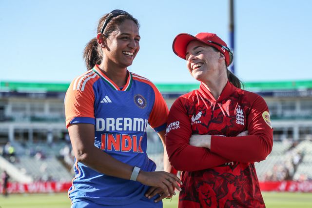 Harmanpreet Kaur of India and Tammy Beaumont of England meet for the coin toss during the 5th Vitality IT20 England Women vs India Women at Edgbaston, Birmingham, United Kingdom, 12th July 2025

(Photo by Izzy Poles/News Images)