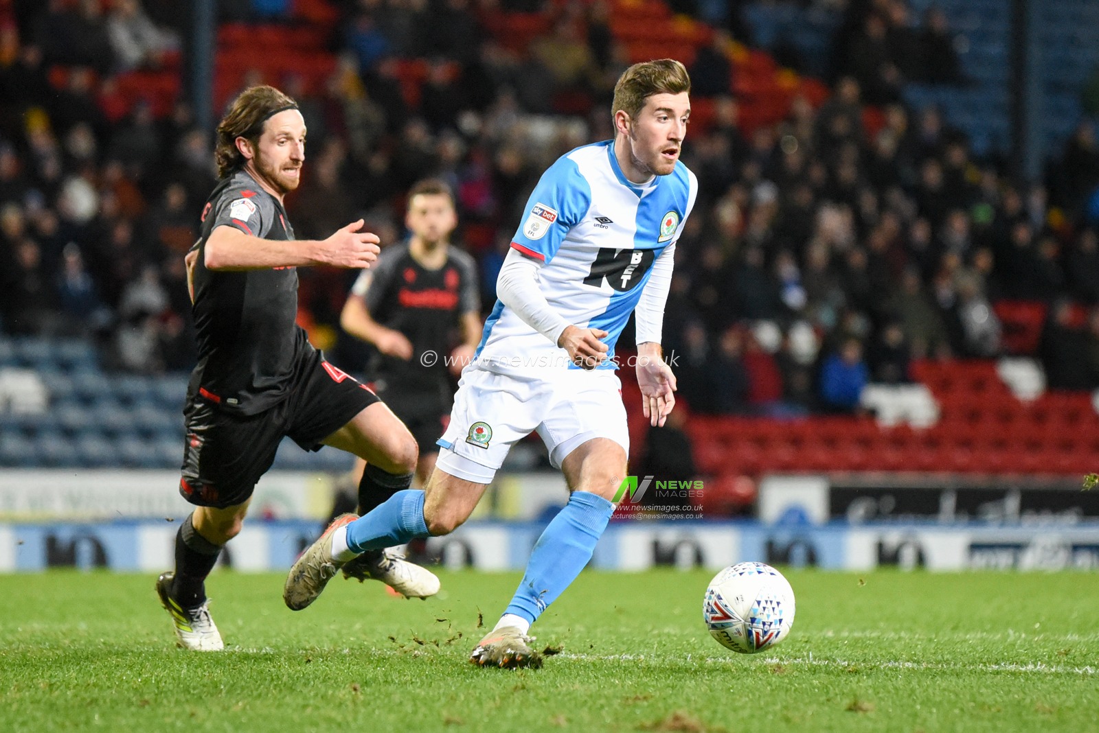 26th February 2020, Ewood Park, Blackburn, England; Sky Bet Championship, Blackburn Rovers v Stoke City : Joe Rothwell (8) of Blackburn Rovers looks for a pass while under pressure from Joe Allen (4) of Stoke City