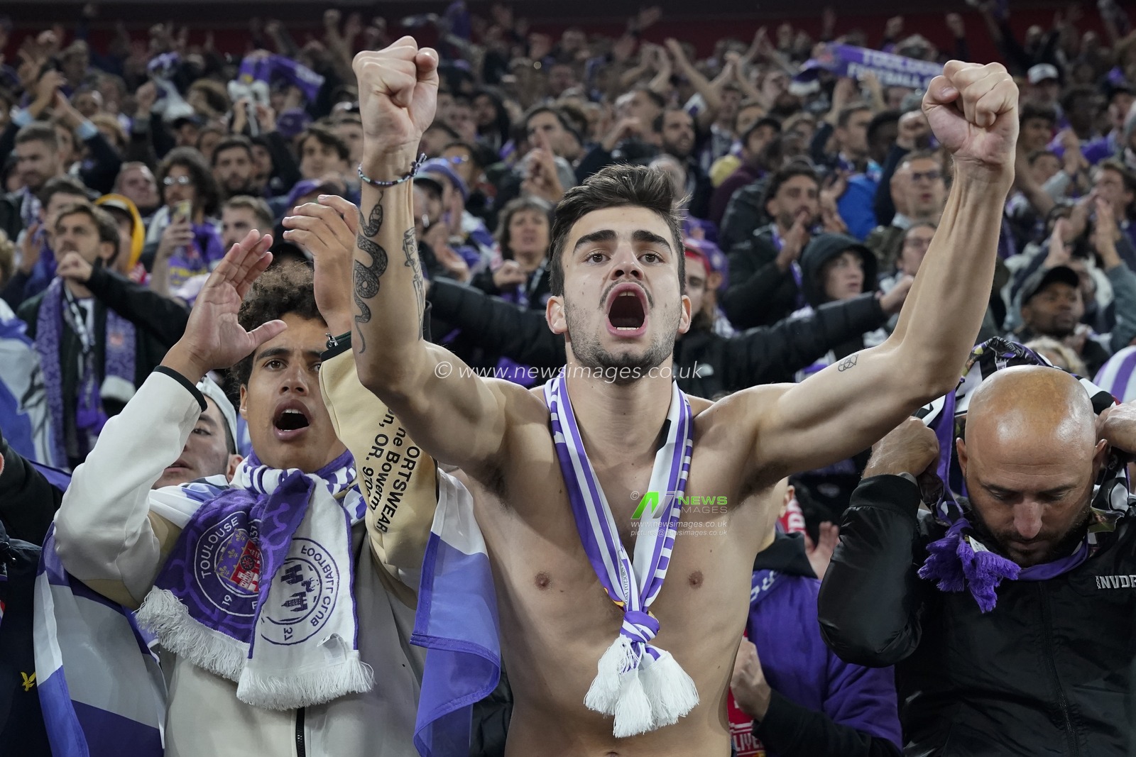 Toulouse fans cheer on their side during the UEFA Europa League match Liverpool vs Toulouse at Anfield, Liverpool, United Kingdom, 26th October 2023

(Photo by Steve Flynn/News Images)
