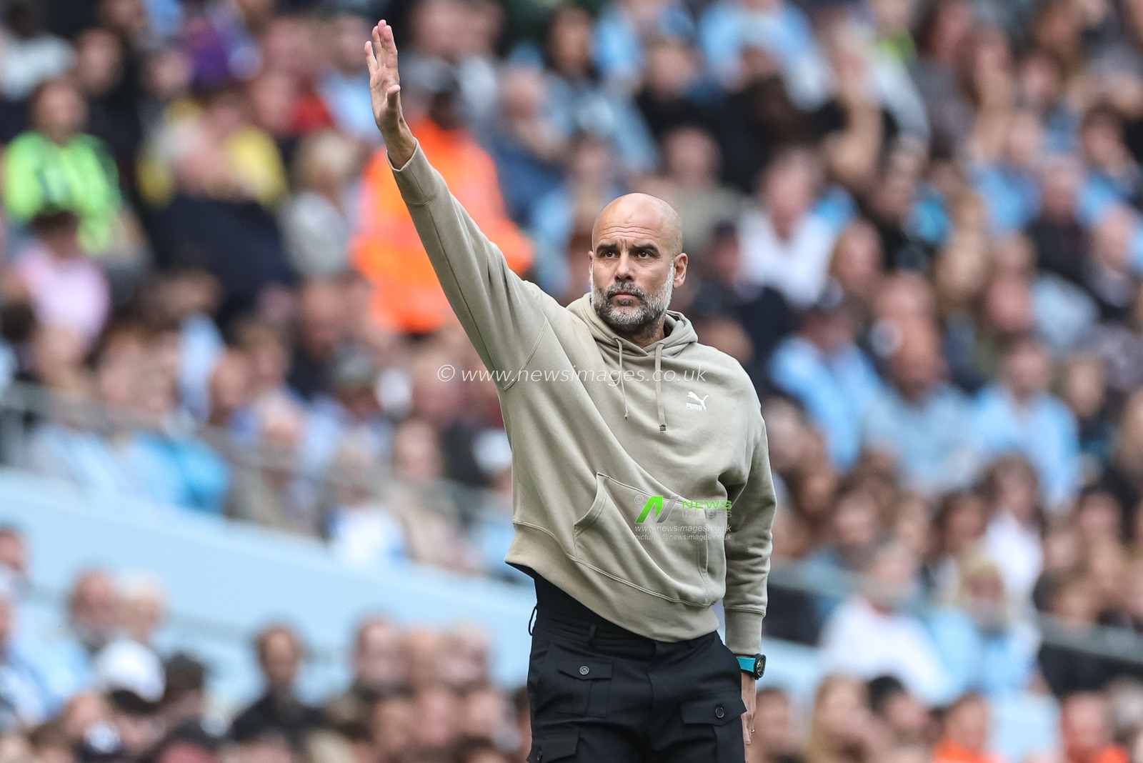 Pep Guardiola manager of Manchester City reacts in the technical area during the Premier League match Manchester City vs Ipswich Town at Etihad Stadium, Manchester, United Kingdom, 24th August 2024

(Photo by Mark Cosgrove/News Images)