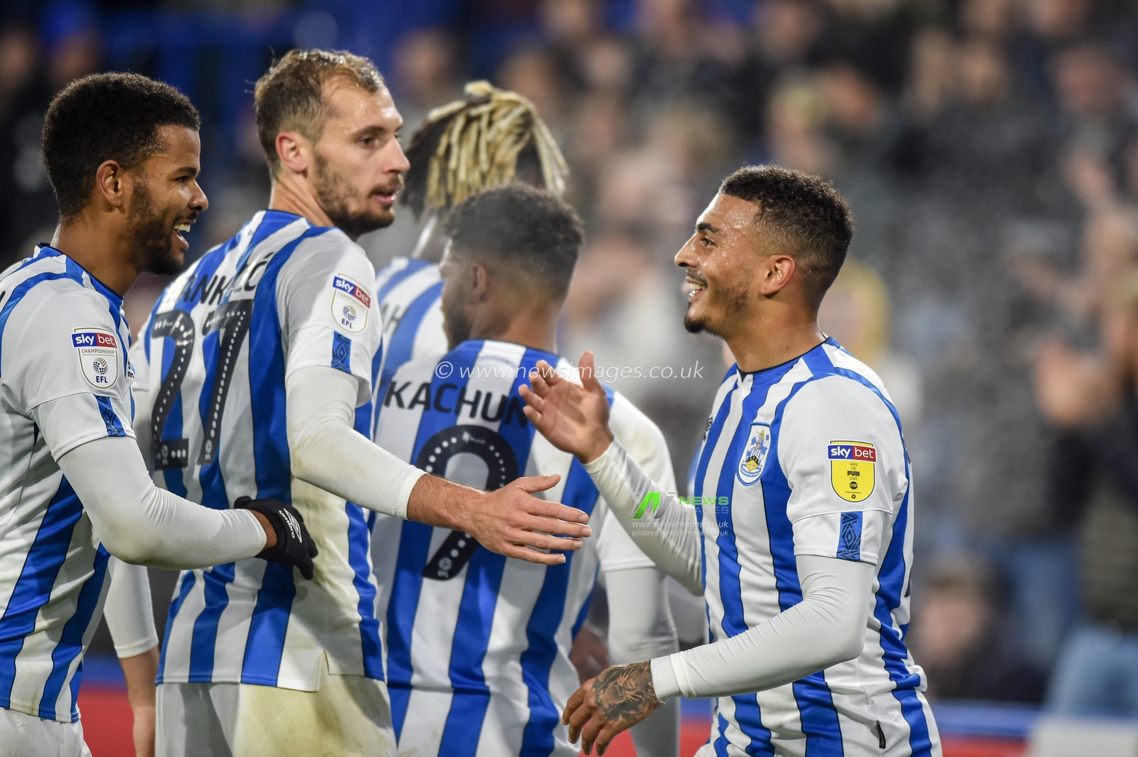 26th November 2019, John Smith's Stadium, Huddersfield, England; Sky Bet Championship, Huddersfield Town v Swansea City : Karlan Grant (16) of Huddersfield Town celebrates scoring the equalising goal to make it 1-1 at half time.

Credit: Dean Williams/News Images