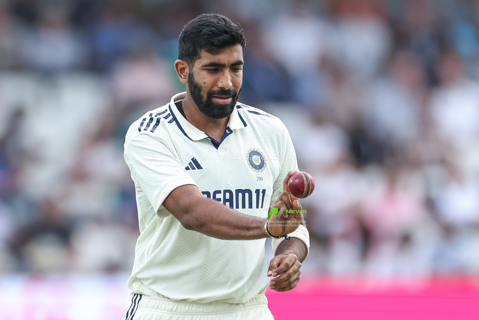 Jasprit Bumrah of India places his fingers on the seam of the ball as he simulates ball delivery during the 1st Rothesay Test Match Day 2 England vs India at Headingley Cricket Ground, Leeds, United Kingdom, 21st June 2025

(Photo by Mark Cosgrove/News Images)