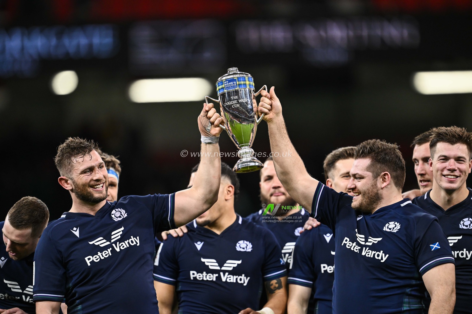 Scotland lift the Doddie Weir Cup after beating Wales in the 2024 Guinness 6 Nations match Wales vs Scotland at Principality Stadium, Cardiff, United Kingdom, 3rd February 2024

(Photo by Craig Thomas/News Images)