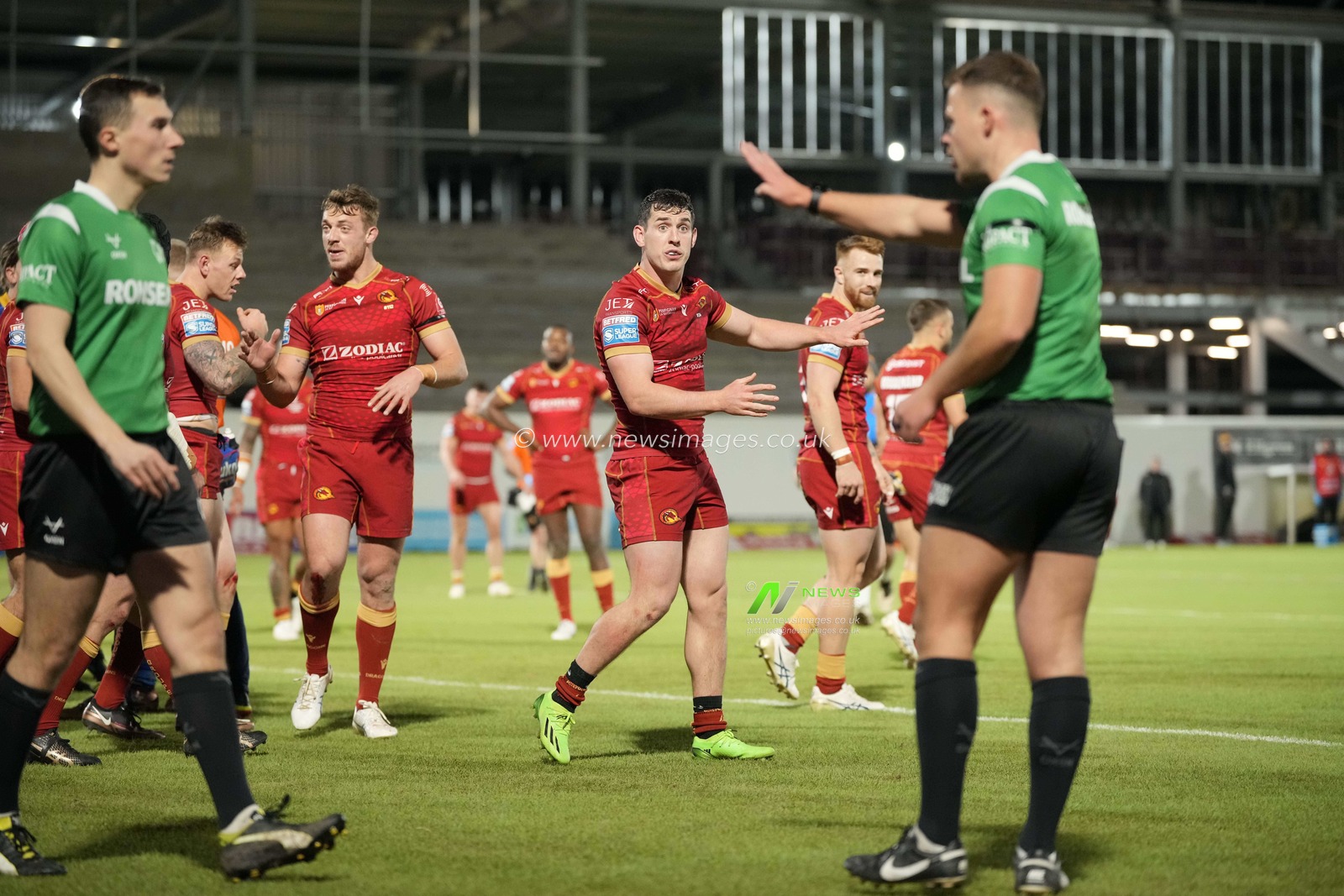 Matt Whitley #11 of Catalans Dragons appeals to Referee Mr Tom Grant during the Betfred Super League  Round 1 match Wakefield Trinity vs Catalans Dragons at The Be Well Support Stadium, Wakefield, United Kingdom, 17th February 2023

(Photo by Steve Flynn/News Images)