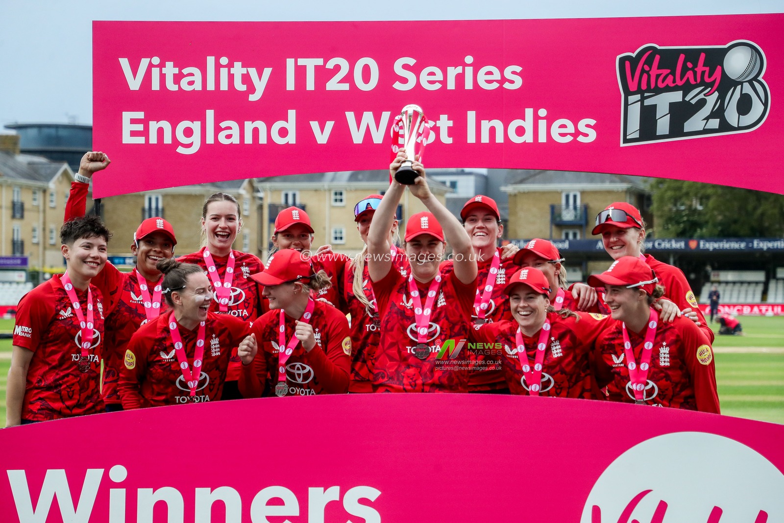 England Women celebrate winning the series 3-0 following the 3rd Vitality IT20 Series match England Women vs West Indies Women at The Cloud County Ground, Chelmsford, United Kingdom, 26th May 2025

(Photo by Izzy Poles/News Images)