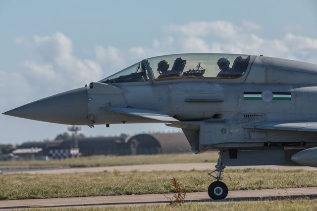 An Italian Air Force Eurofighter Typhoon FGR Mk4 taxies back to the pan during a flight training day at RAF Coningsby, Coningsby, United Kingdom, 22nd September 2025

(Photo by Mark Cosgrove/News Images)