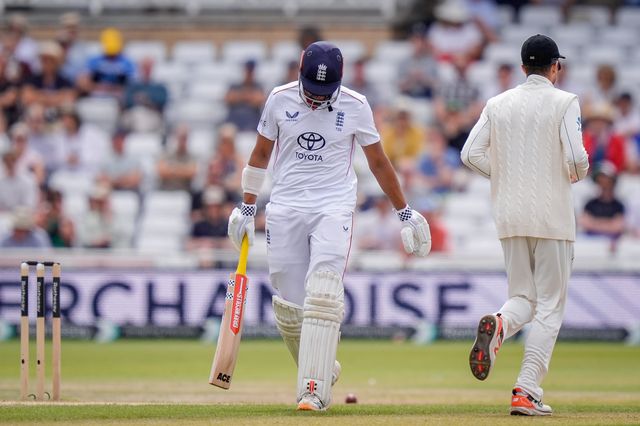 A dejected Emilio Gay of England walks off after being dismissed out caught by Tom Blundell of New Zealand off the bowling of Nathan Smith of New Zealand during the 3rd Rothesay Test Match Day 5 match England vs New Zealand at Trent Bridge, Nottingham, United Kingdom on 29 June 2026

(Photo by Maynard Manyowa/News Images)