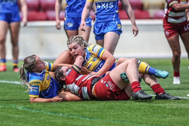 Megan Williams of Wigan Warriors goes over for a try during the Betfred Women's Challenge Cup Cup Semi-final match Leeds Rhinos vs Wigan Warriors at LNER Community Stadium, York, United Kingdom, 10th May 2025

(Photo by Alfie Cosgrove/News Images)