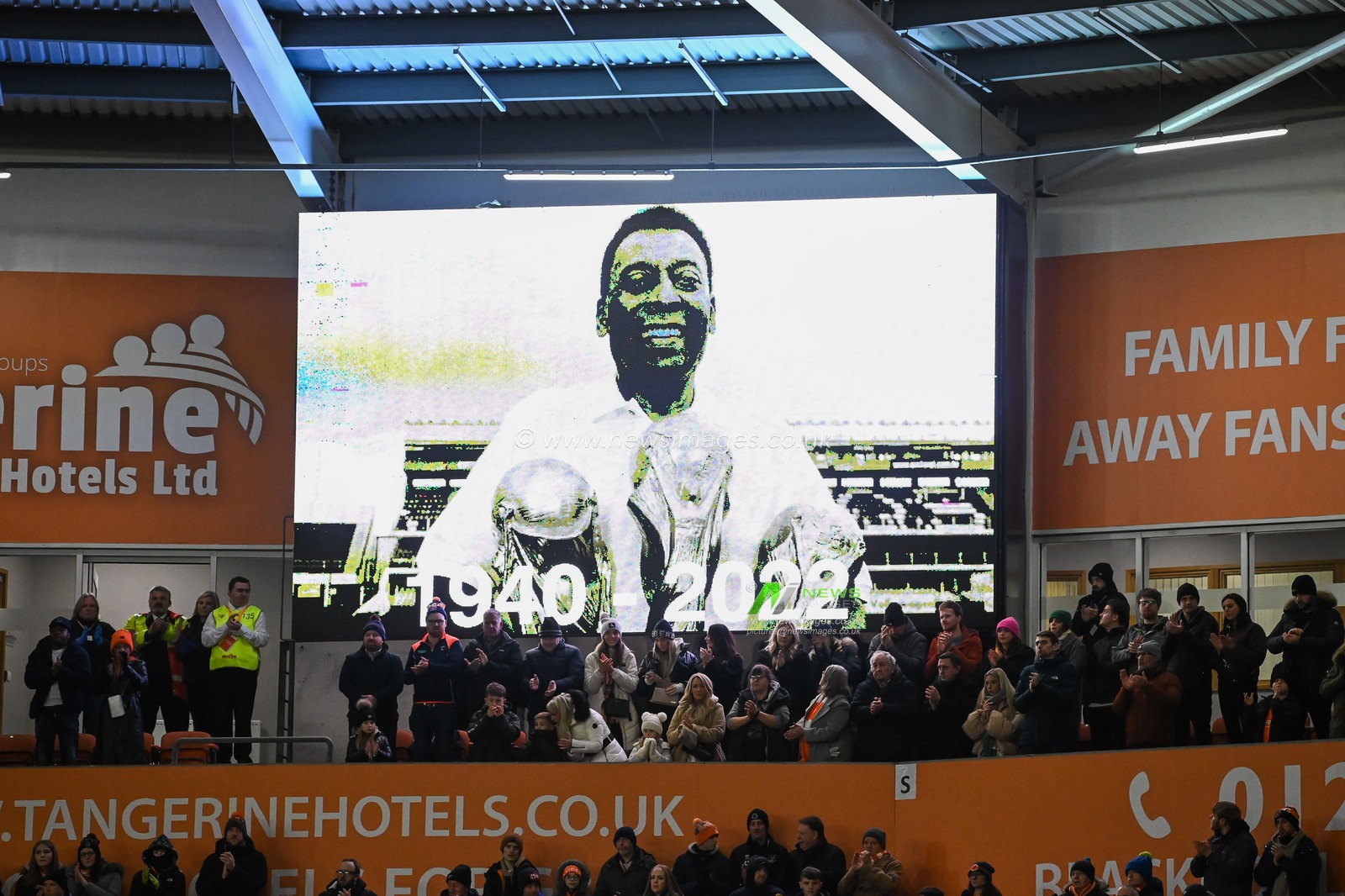 Peleâ€™s image is shown on the big screen during the minutes applauds as a mark of respect before the Sky Bet Championship match Blackpool vs Sheffield United at Bloomfield Road, Blackpool, United Kingdom, 29th December 2022

(Photo by Craig Thomas/News Images)