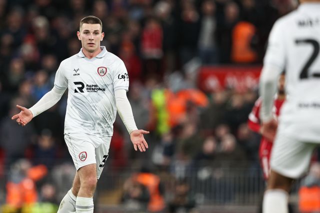 Jonathan Bland of Barnsley asks for the ball during the Emirates FA Cup Third Round match Liverpool vs Barnsley at Anfield, Liverpool, United Kingdom, 12th January 2026

(Photo by Alfie Cosgrove/News Images)