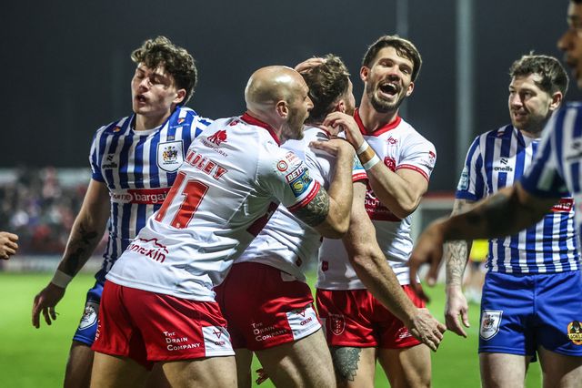 Joe Burgess of Hull KR celebrates his try making it 4-0 during the Betfred Super League round 6 match Hull KR vs St Helens at Sewell Group Craven Park, Hull, United Kingdom on 27 March 2026

(Photo by Alfie Cosgrove/News Images)