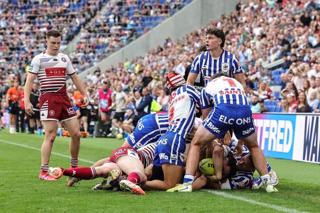 Nathan Lowe of Wigan Warriors is paced out of play and receives an injury during the Betfred Super League Magic Weekend match Wigan Warriors vs St Helens at Hill Dickinson Stadium, Liverpool, United Kingdom on 05 July 2026

(Photo by Mark Cosgrove/News Images)