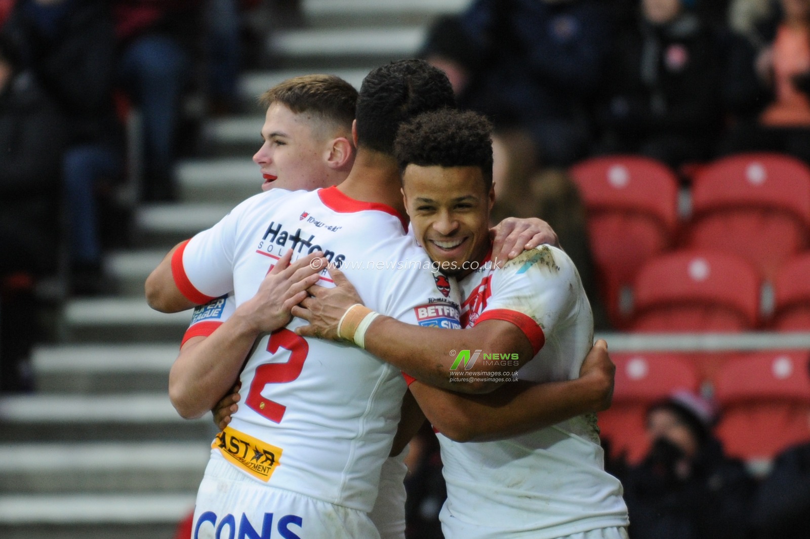 19th January 2019 , Totally Wicked Stadium, St Helens, England;  Betfred Super League Warm Up and Jonny Lomax Testimonial ,  St Helens v Hull FC ; Regan Grace of St Helens celebrates scoring his try


Credit: Richard Long/News Images