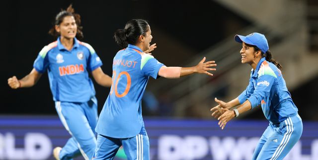 Renuka Singh Thakur of India takes wicket of Tazmin Brits of South Africa and celebrates wit team India Amanjot Kaur of India Jemimah Rodrigues of India Richa Ghosh of India Smriti Mandhana  of India Harmanpreet Kaur (Captain) of India  during the ICC Women's ODI Cricket World Cup Final 2025 session India Women vs South Africa Women at Dr. D.Y. Patil Sports Academy, Navi Mumbai, India, 2nd November 2025

(Photo by Shubhajit Roy Karmakar/News Images)